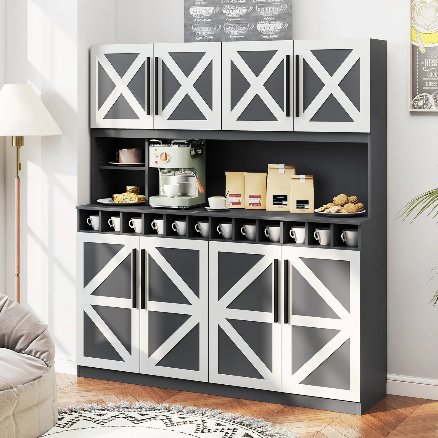 63” Wide Kitchen Buffet Hutch w/ 4 Cabinets, 2 Open Shelves & 12-Bottle Wine Rack