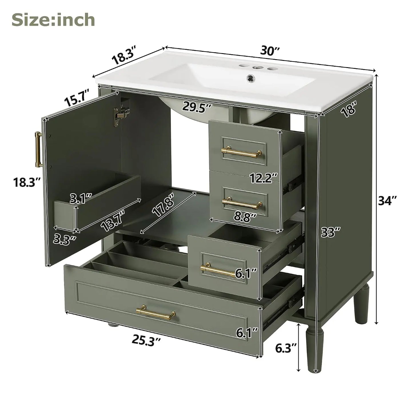 30" Bathroom Vanity with Ceramic Sink, Modern Freestanding Storage Cabinet with Sink Suite Set, Soft Closing Door,, Custom
