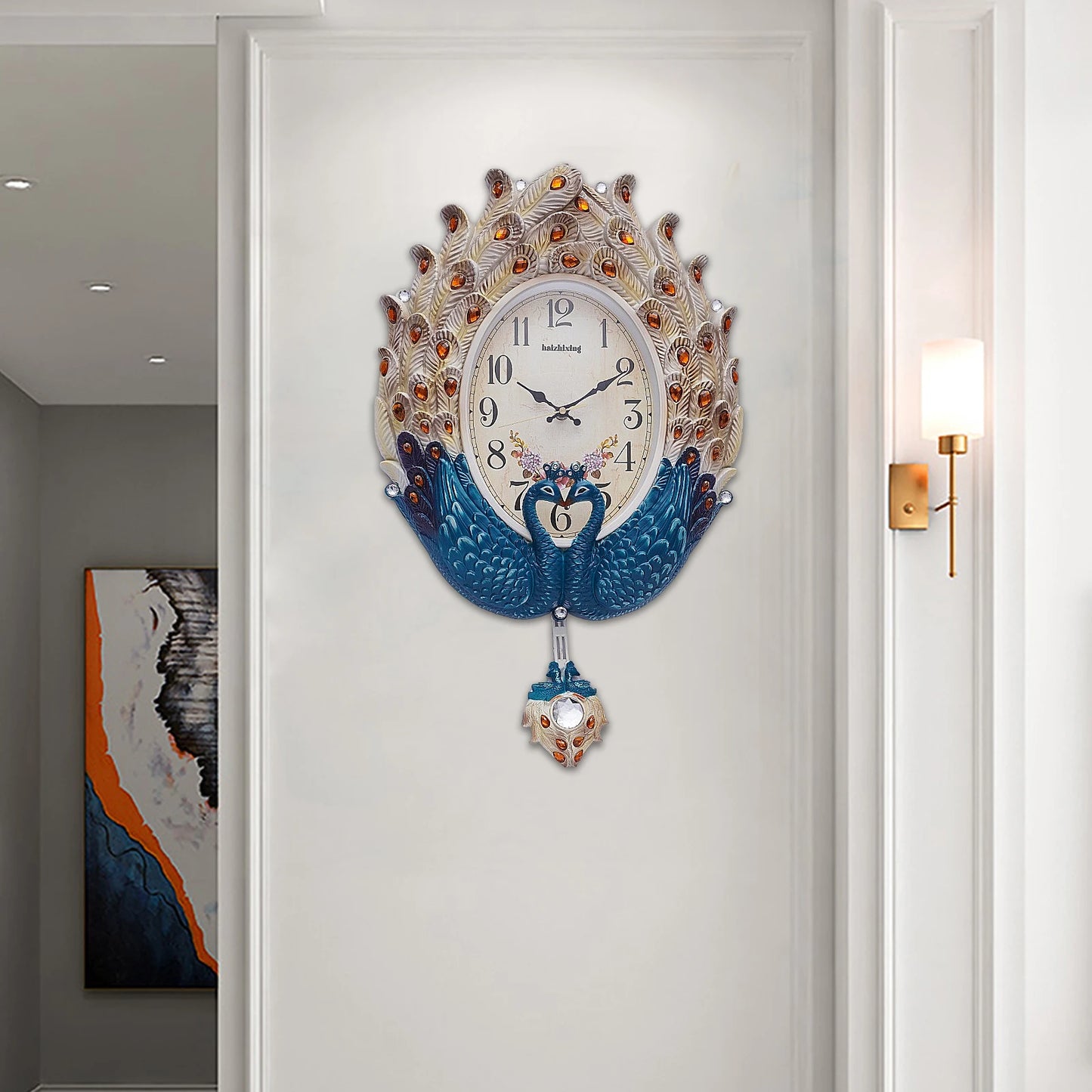 Blue Peacock Modern Wall Clock Silent Metal Pendulum Crystal Luxury