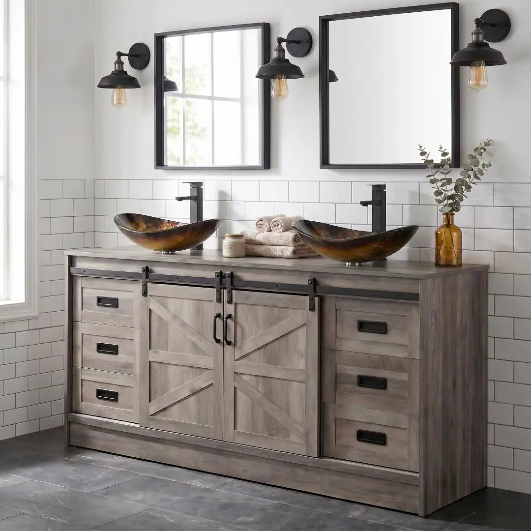 60" Barn Door Bathroom Vanity with 6 Drawers and Two Doors, Farmhouse Style Standing Pedestal Cabinet with Two Blue, Custom