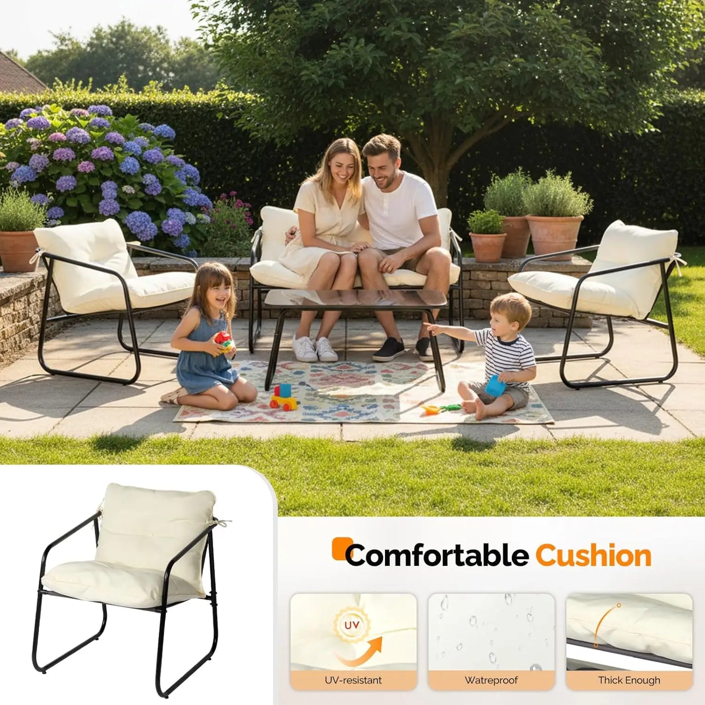 4 Piece Patio Conversation Set Outdoor All Weather Coffee Table Cushions