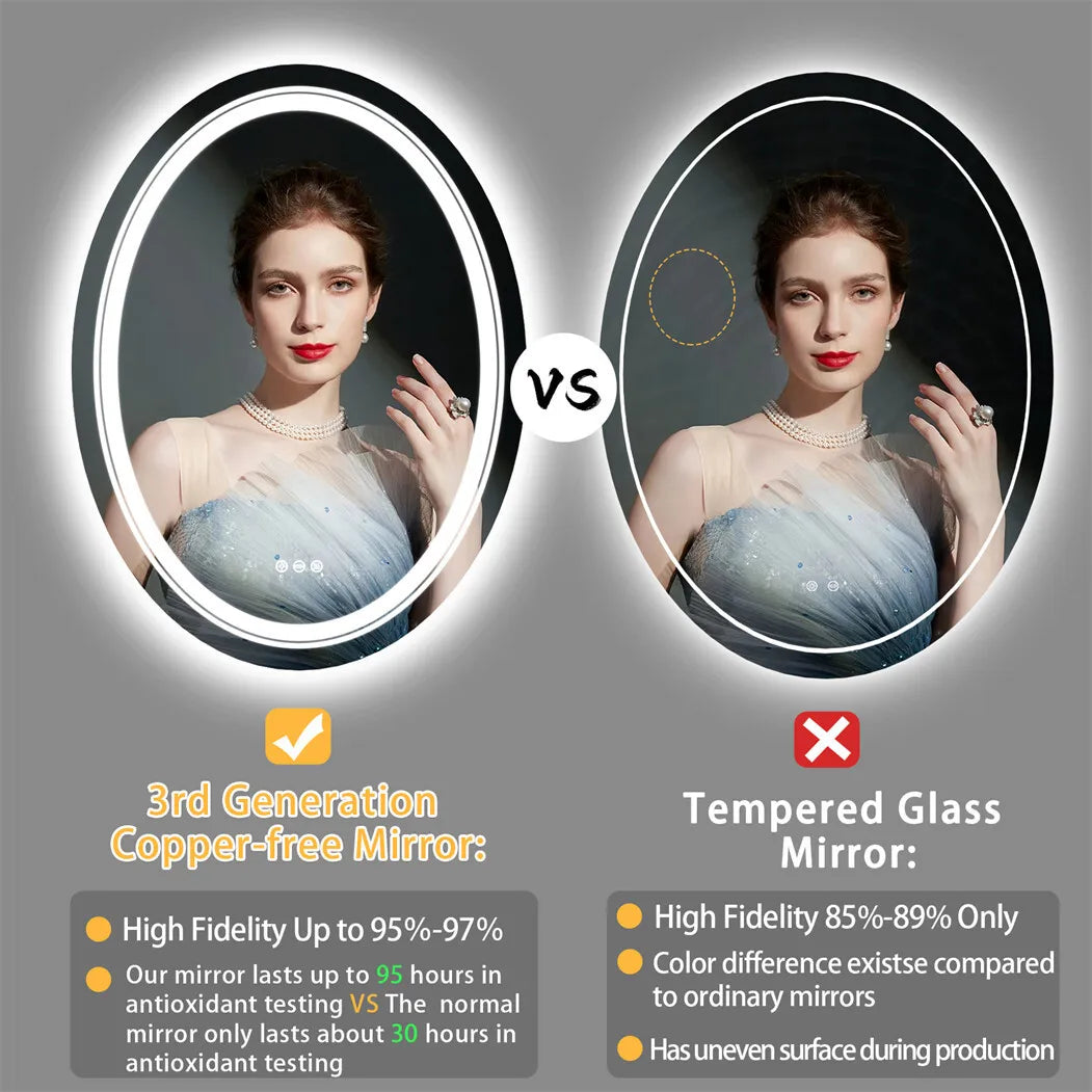 Oval Bathroom Mirror LED Makeup Mirror Anti-Fog Dimmable Light Memory Wall Vanity Shaving Mirror Backlit+Front Lighted