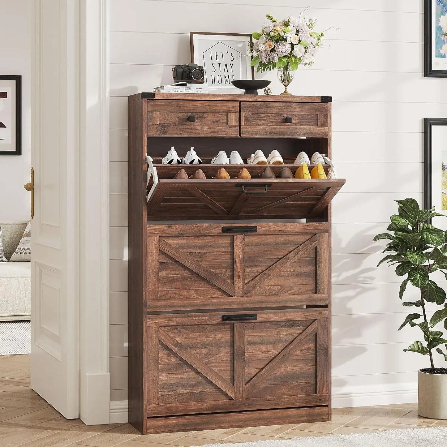 Shoe Cabinet with 3 Flip Drawers & 2 Drawers,Freestanding Shoe Storage Cabinet for Entryway,Farmhouse Narrow Slim, Custom