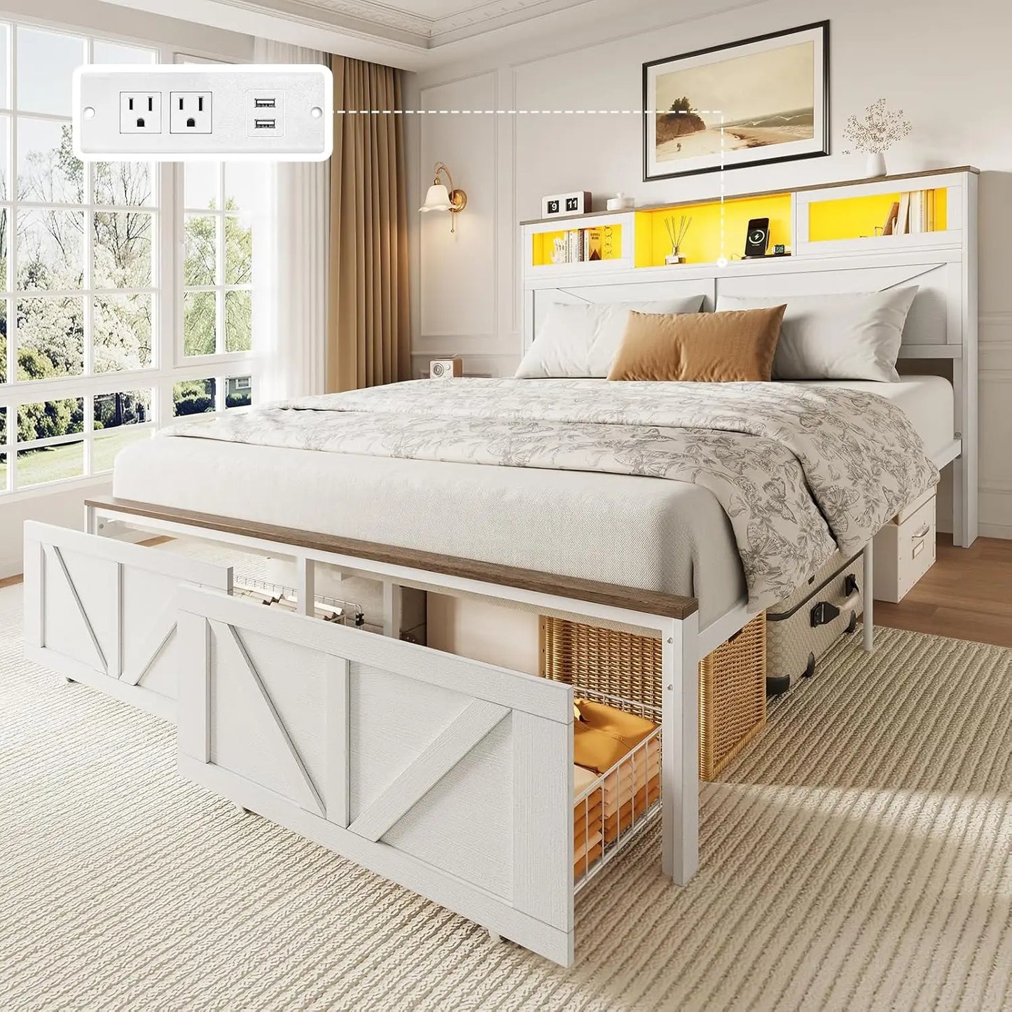 Full Size Bed Frame with Headboard, Full Bed Frame with Charging Station, LED Beds with 2 Storage Drawers, Wood Farmhouse Bedfra
