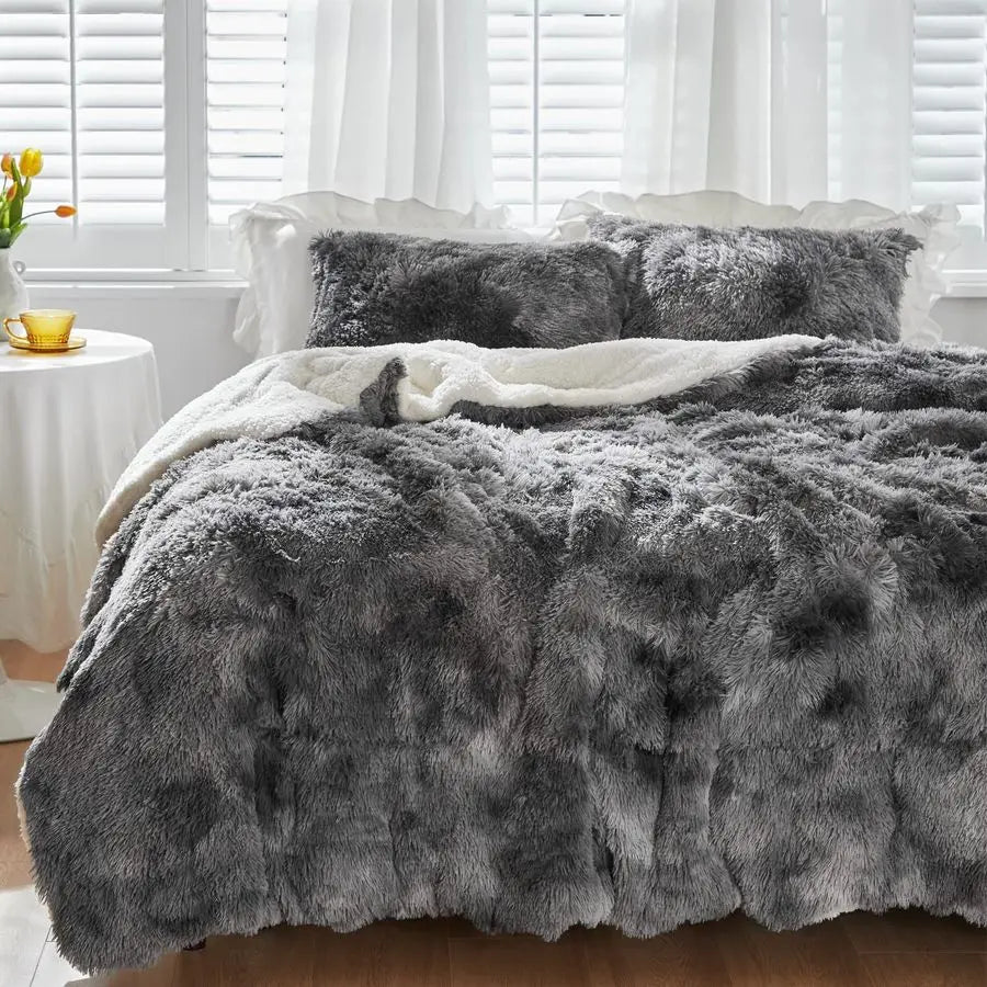 Faux Fur Shaggy Comforter Set Plush Sherpa Reversible Bedding