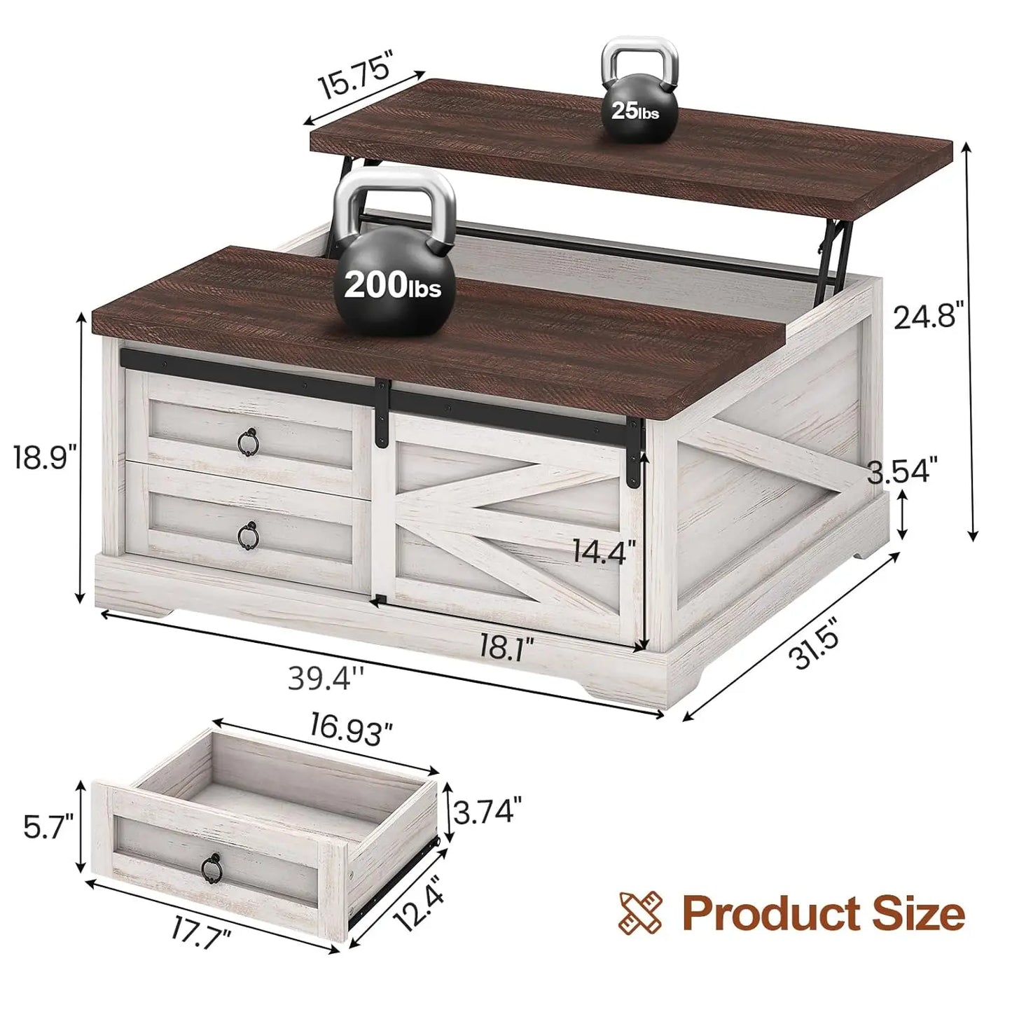 39.4in Lift Top Coffee Table Hidden Compartment 2 Drawers Adjustable Shelf Living Room , Custom