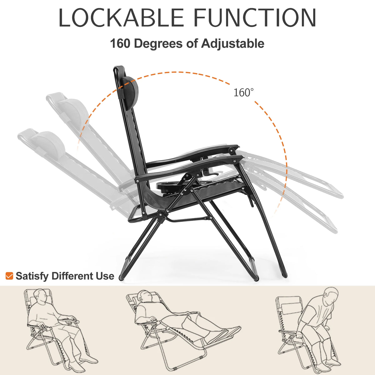 JHK Zero Gravity Portable Outdoor Recliner With Cup Holder Tray