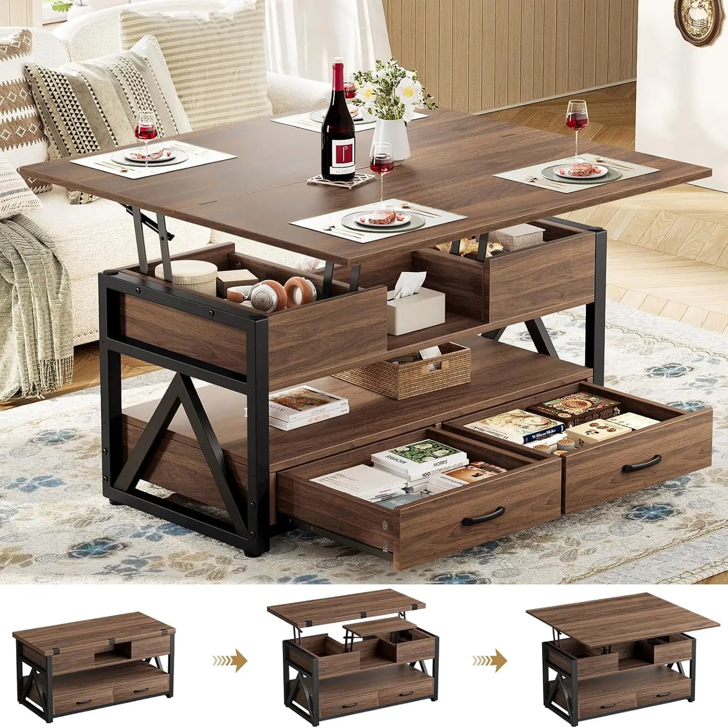 40" Lift Top Coffee Table,4 in 1 Multi-Function Lift Coffee Tables with Storage Drawers and Hidden Compartmen,Farmhouse, Custom