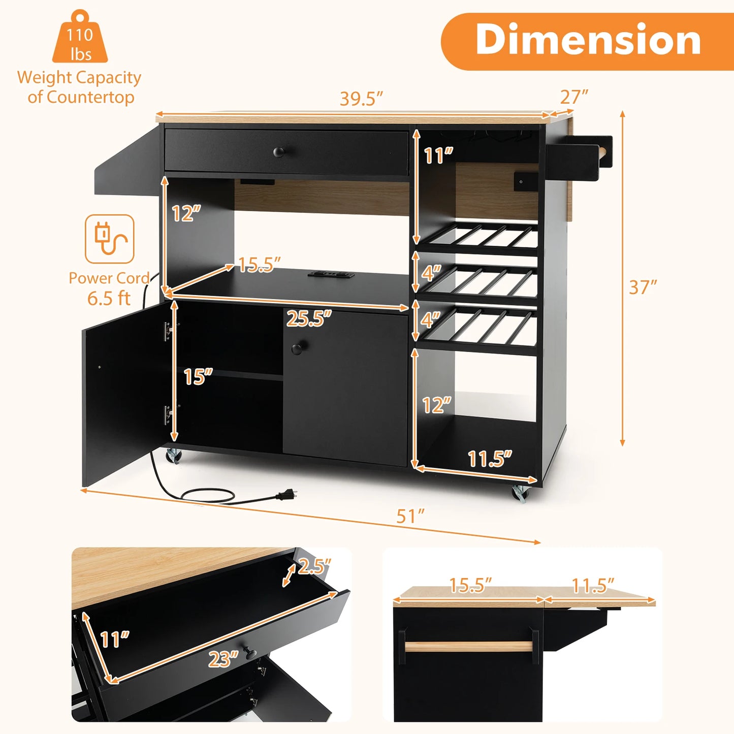 Kitchen Island Cart w/ Drop-Leaf & Power Outlet Microwave Shelf Wine Rack Drawer