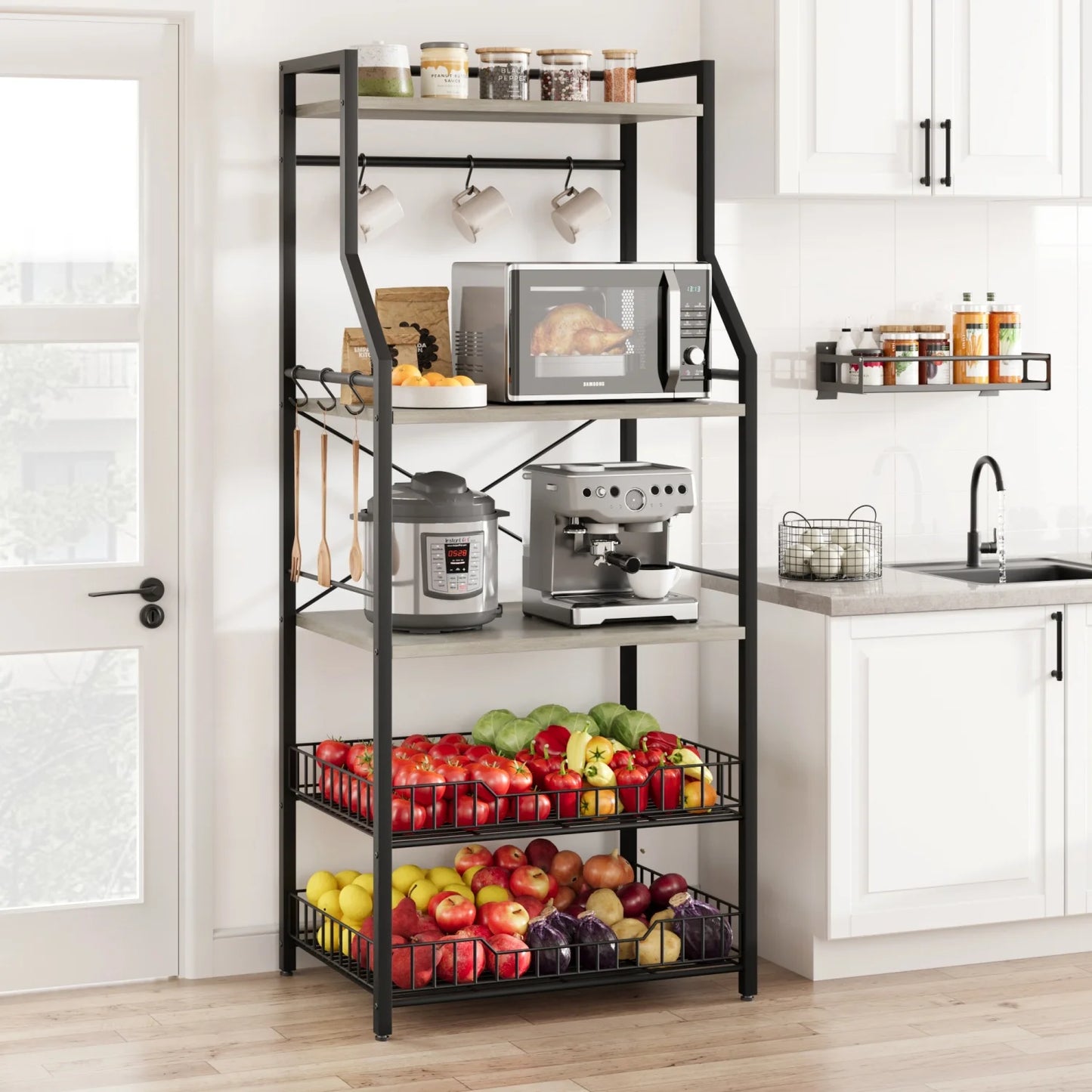 Kitchen Bakers Rack Microwave Oven Stand with 2 Large Wire Basket Industrial Coffee Bar Station