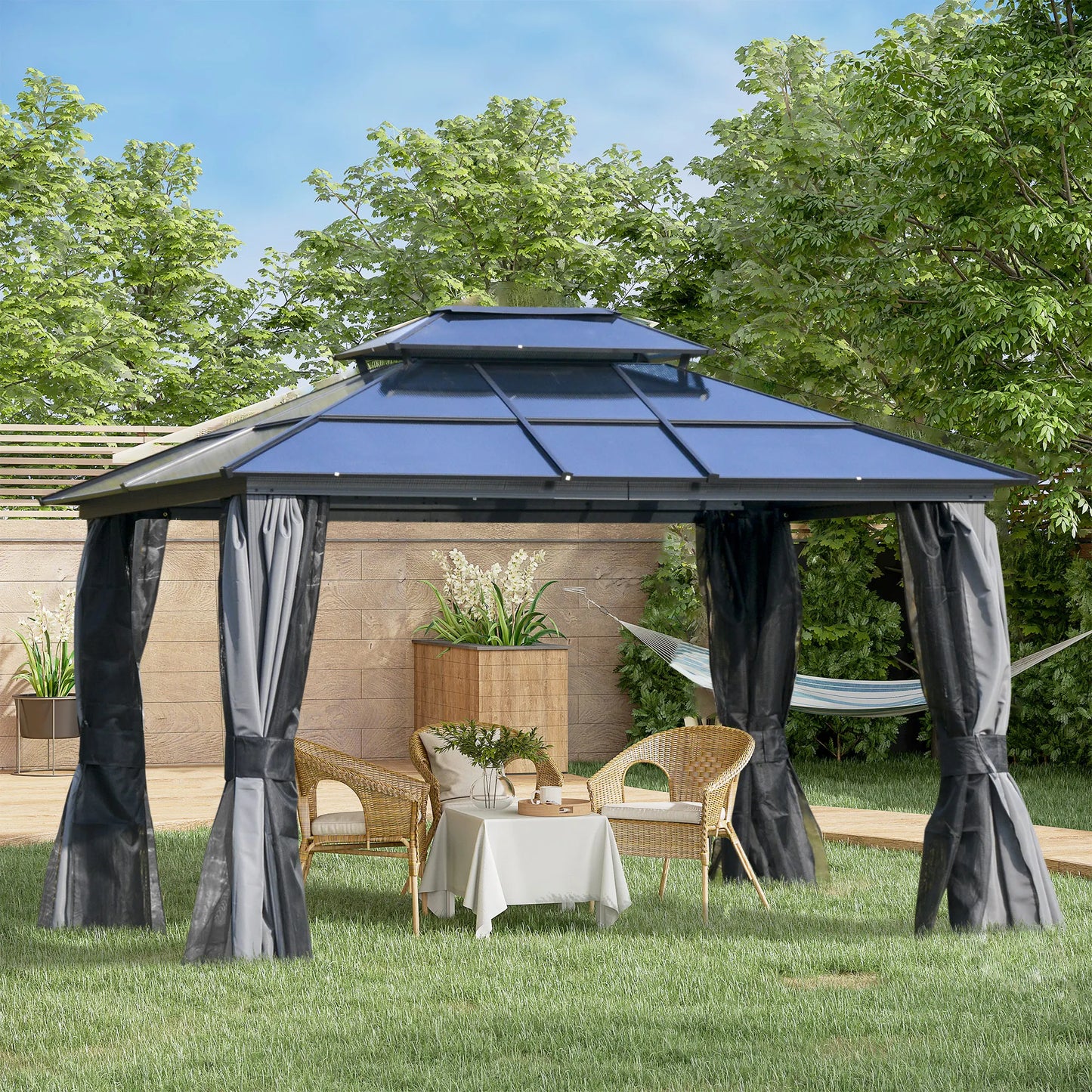 Outsunny Patio Gazebo Mesh Netting Aluminum Frame Two-Tier Polycarbonate Roof