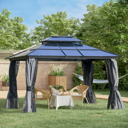Outsunny Patio Gazebo Mesh Netting Aluminum Frame Two-Tier Polycarbonate Roof