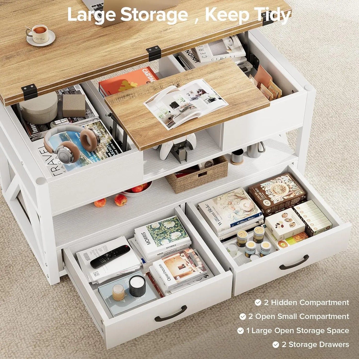 40" Lift Top Coffee Table,4 in 1 Multi-Function Lift Coffee Tables with Storage Drawers and Hidden Compartmen,Farmhouse, Custom