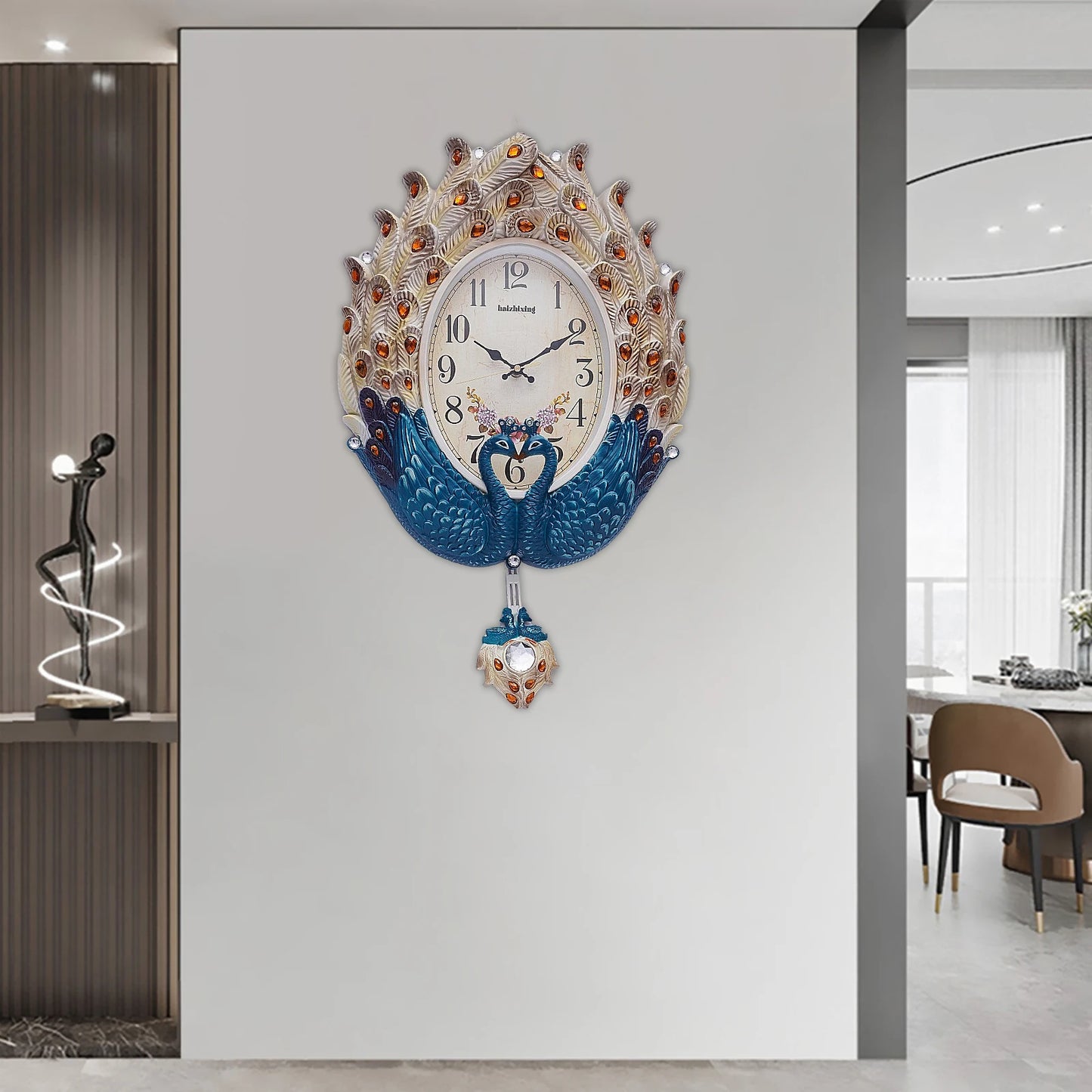 Blue Peacock Modern Wall Clock Silent Metal Pendulum Crystal Luxury