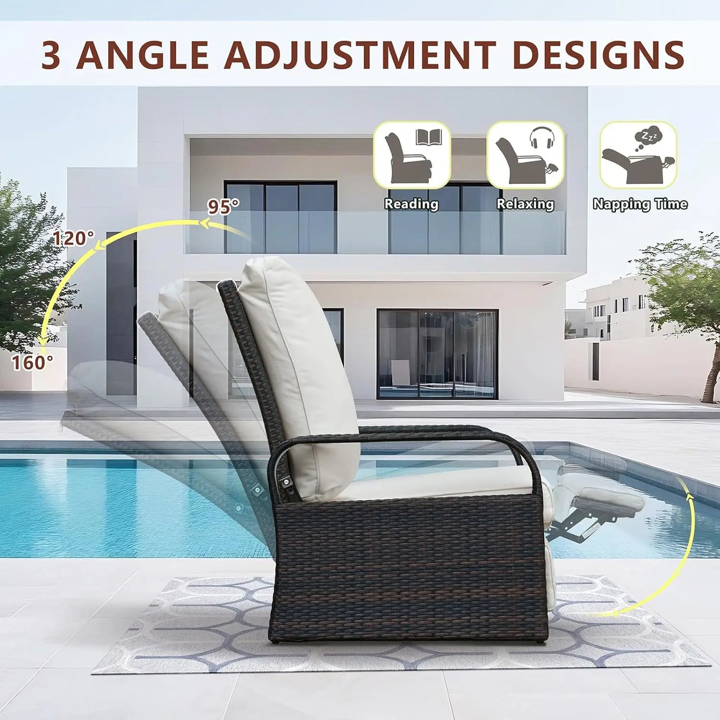 Outdoor Recliner Wicker Patio Adjustable Recliner Chair with 5.5" Thick Cushions and Footrest,Rust-Resistant Aluminum, Custom