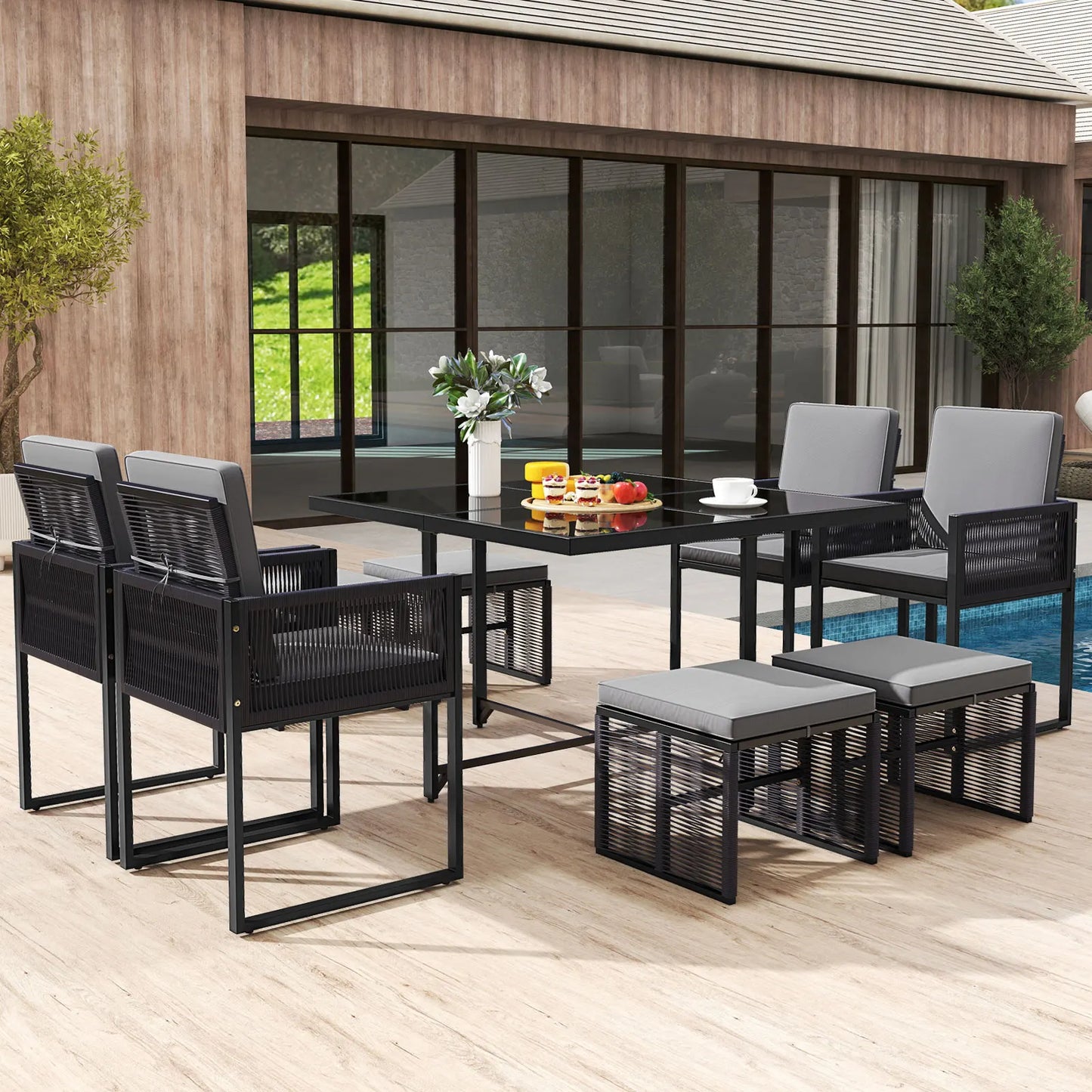 9 PCS Patio Dining Set with PE Rattan Chairs Tempered Glass Table and Ottomans