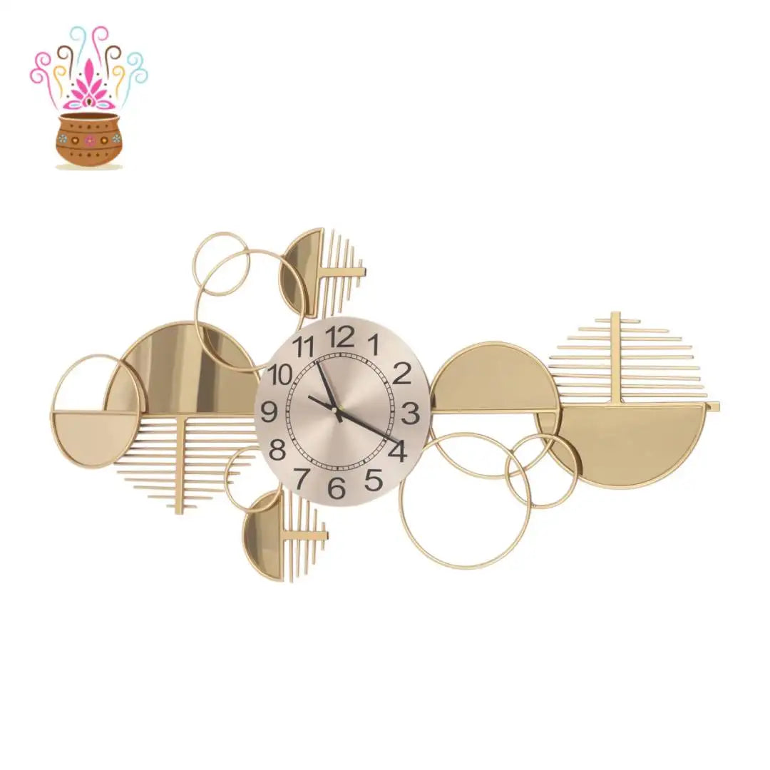 Geometric Wall Clock, 86x43cm Gold Iron Forged Timepiece, Silent Quartz Movement Clear Arabic Numerals Multi-position Hanging Slots Indoor Wall Decor For Living Room Office Cafe