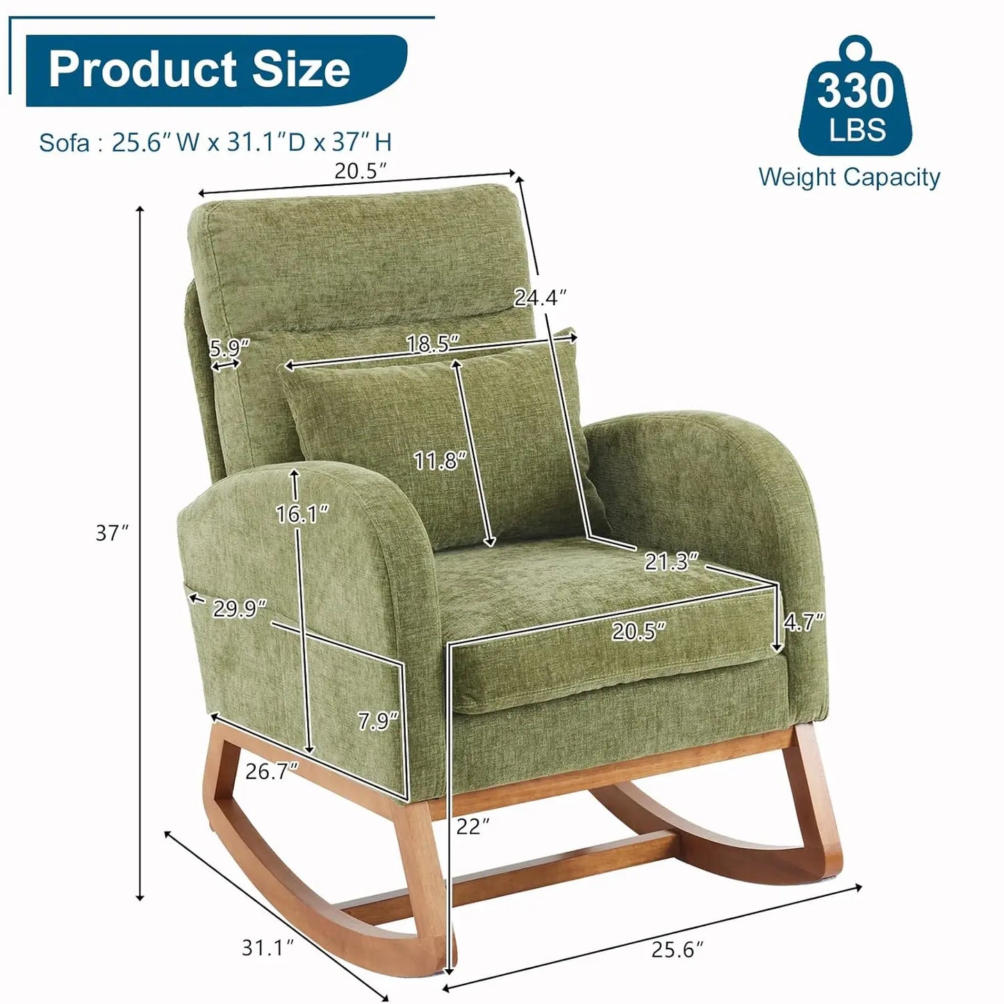 Olive Chenille Rocking Chair Nursery with Thick Headrest, Upholstered Mid-Century Modern Nursing Rocker Glider with, Customized