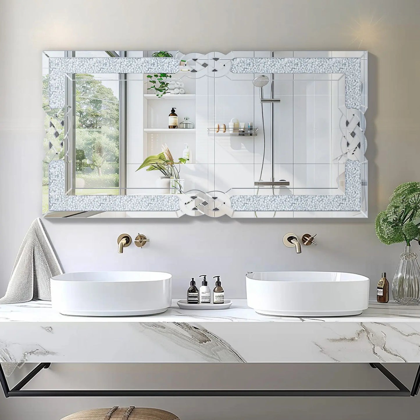 Wisfor Large Crushed Diamond Wall Mirror Rectangular Glass Silver Inlay Edge, Glam Style for Living Room, Bedroom, Home Hallway