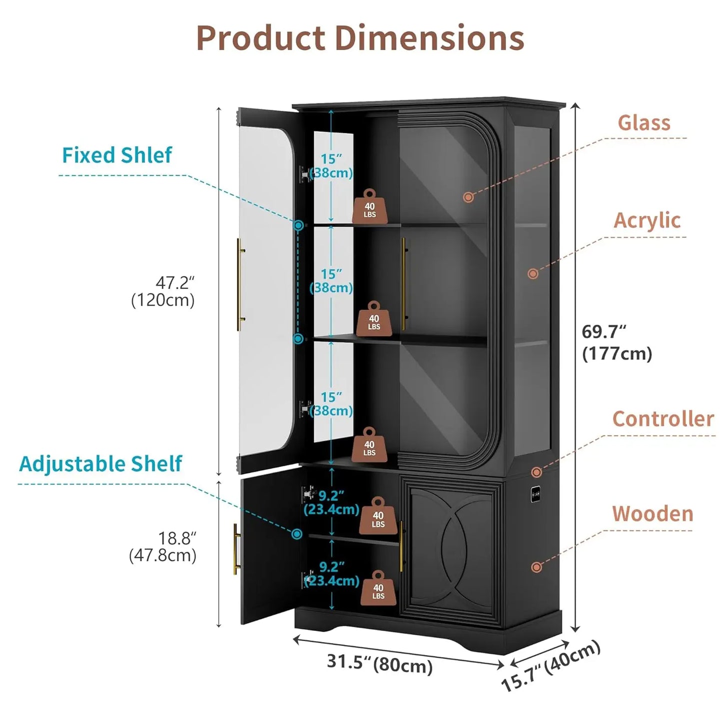ZHILU Glass Display Curio Cabinet With LED Lights Body Sensor