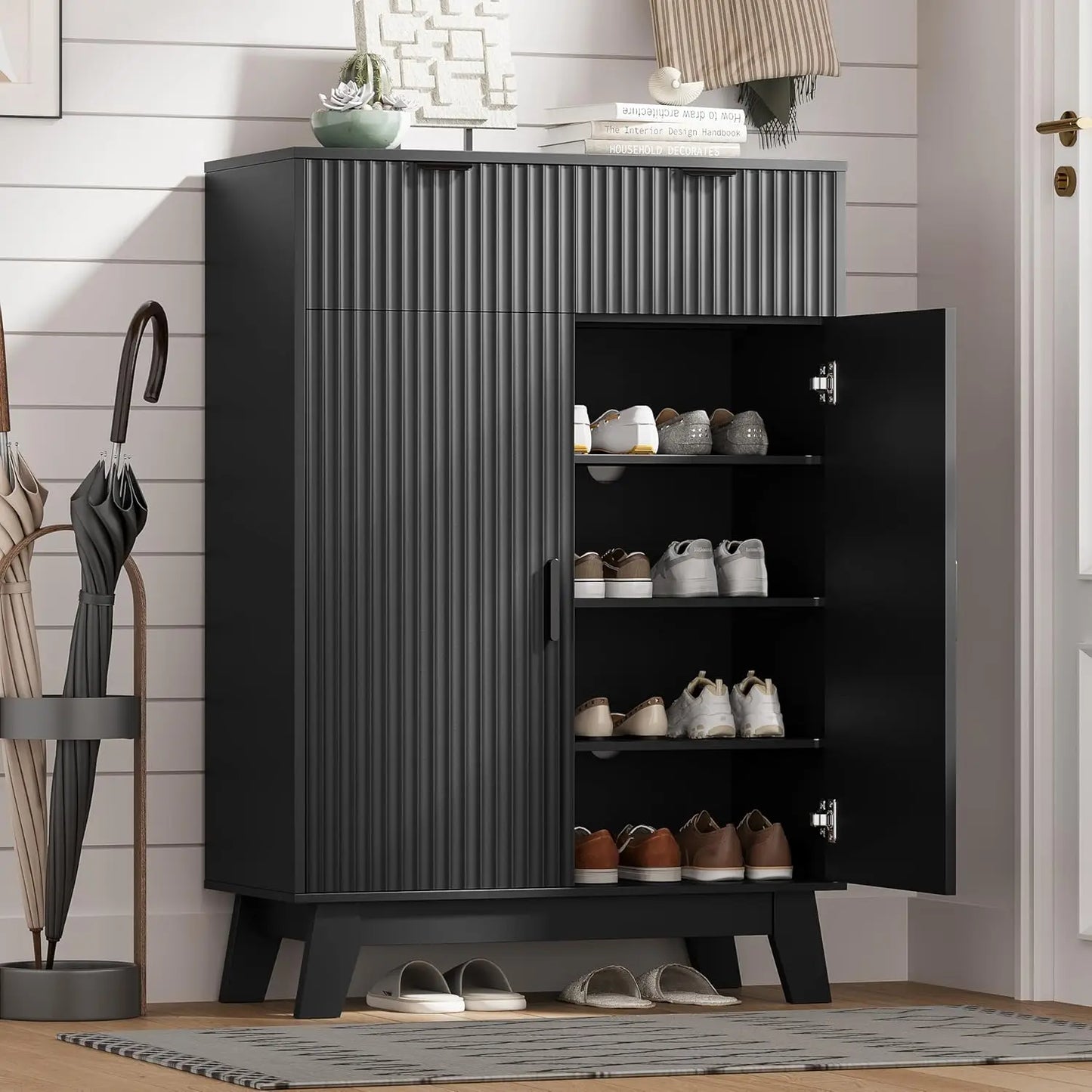Shoe Cabinet Storage for Entryway with Doors, 4 Tier Fluted Shoe Organizer with 2 Drawers, Entryway Shoe Storage with, Custom
