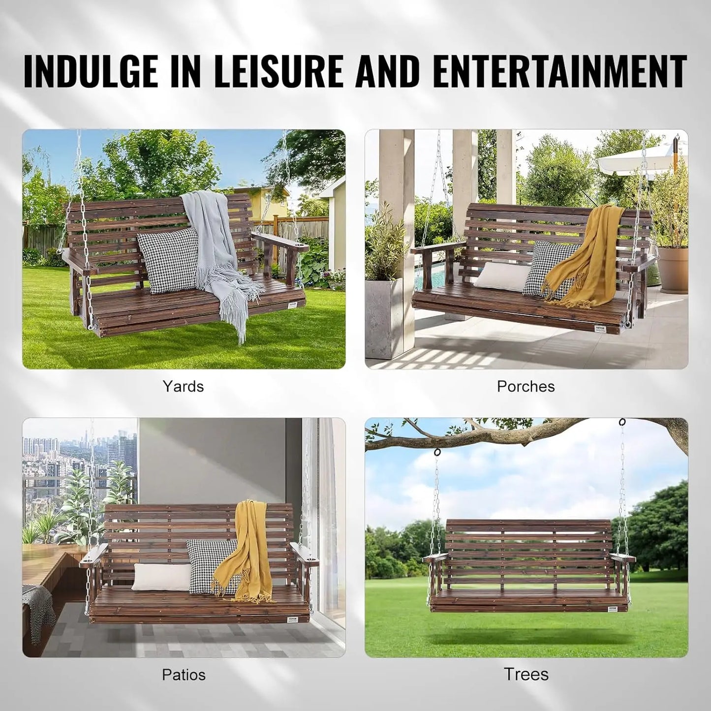 Outdoor Wooden Porch Swing Heavy Duty Hanging Bench Chair Patio