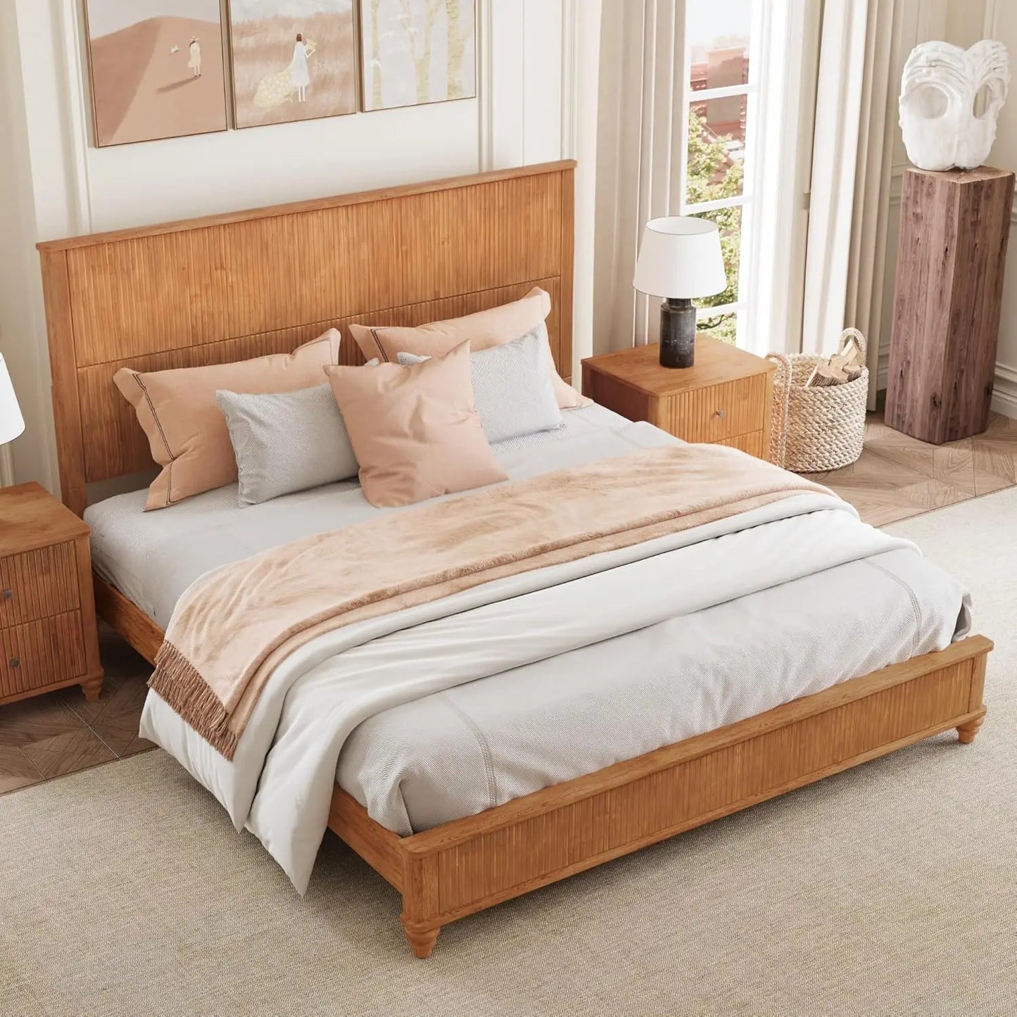 King Size Bed Frame with Headboard and Storage Bench, Solid Wood Sleigh Bed Frame No Box Spring Needed, Wood Bed Frame, Custom