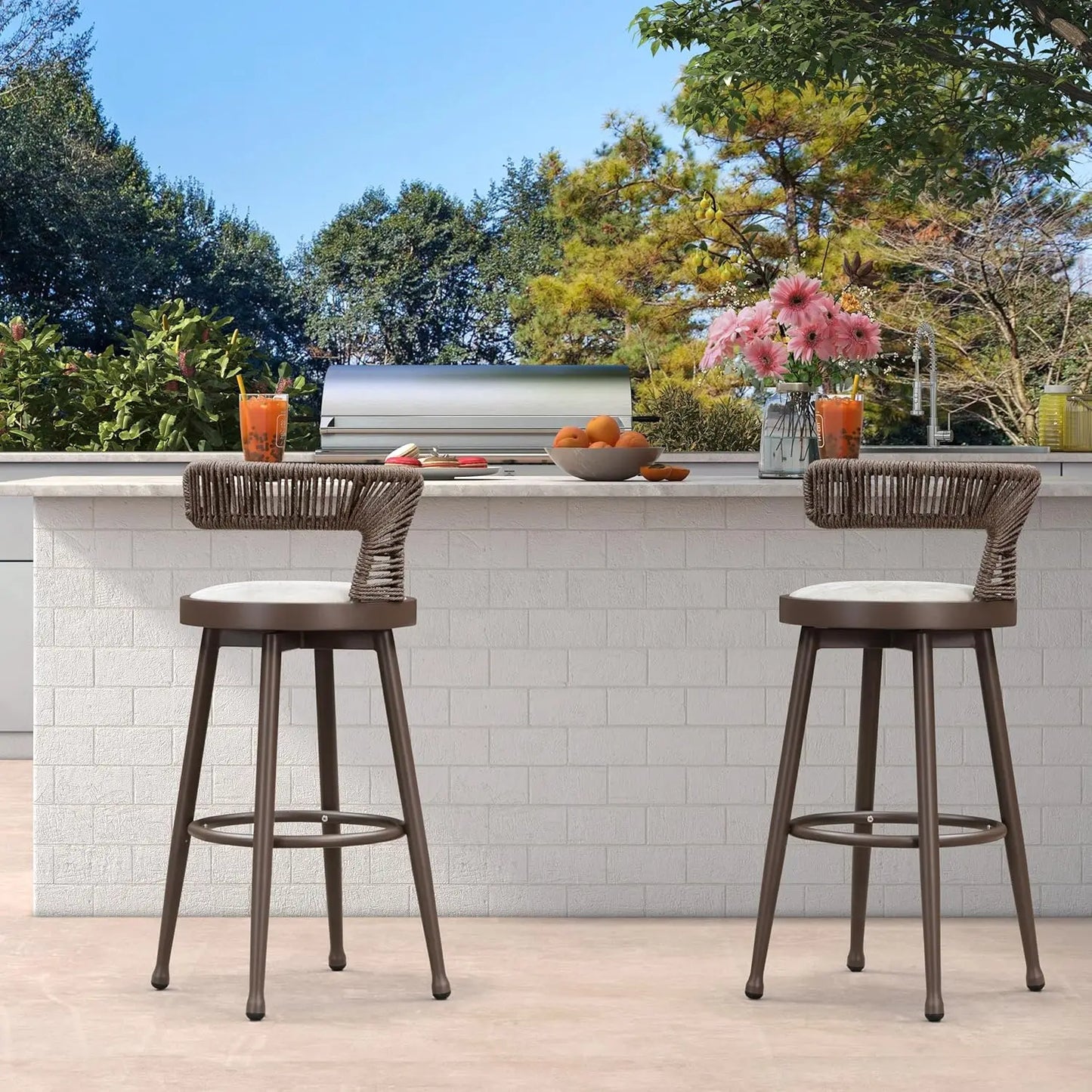 Swivel Bar Height Stools Set of 4 Metal Wicker Bar Chairs with Back Aluminum Cushions Kitchen Balcony Garden Indoor Custom