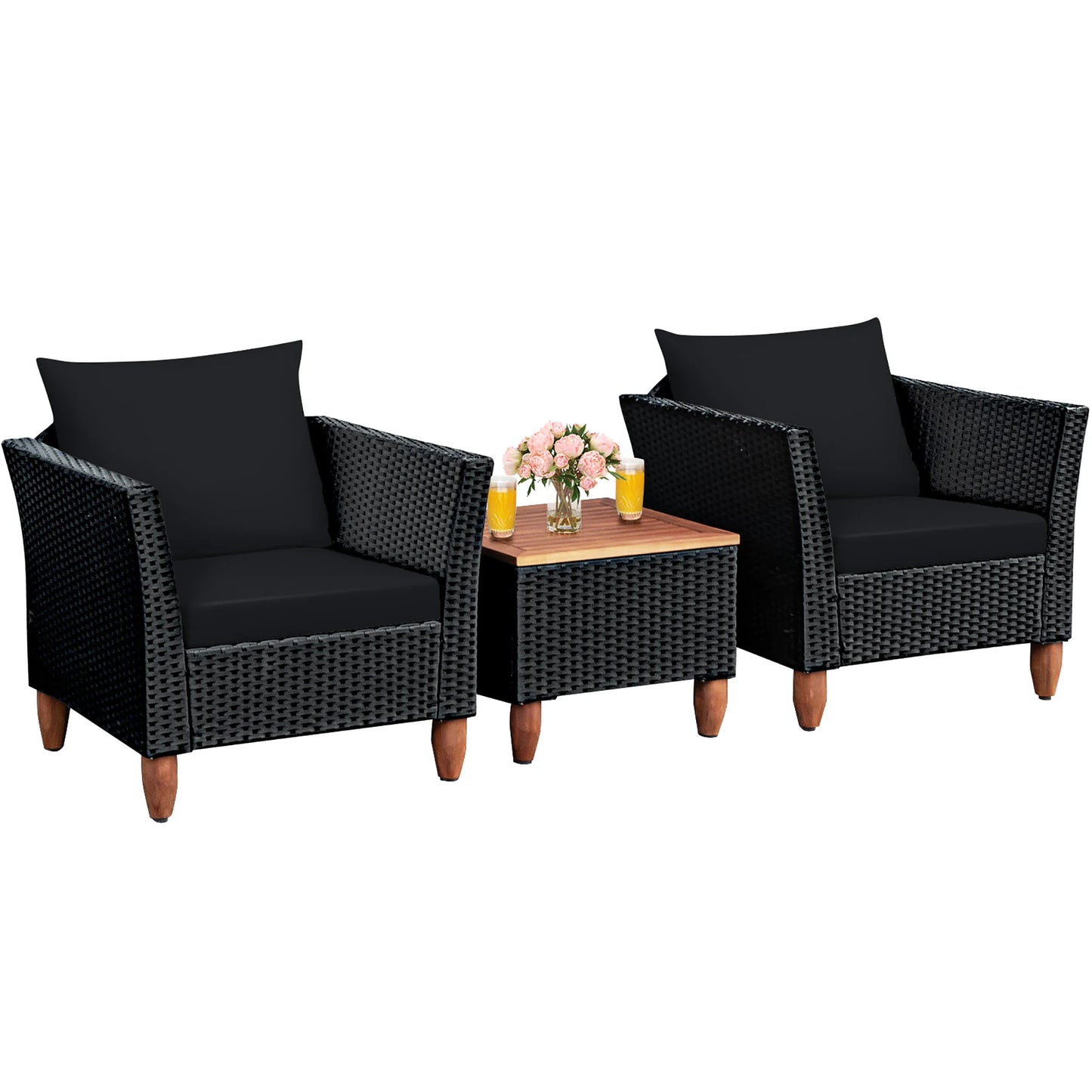 3PCS Outdoor Patio Rattan Furniture Set Wooden Table Top Cushioned Sofa Black