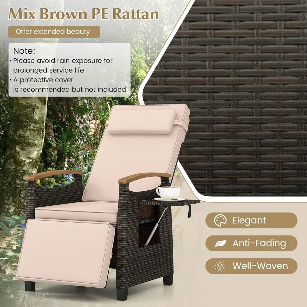 Patio Wicker Recliner Chair, Rattan Lounge Chair w/Adjustable Backrest & Footrest, Flip Side Table, Push Back, Custom