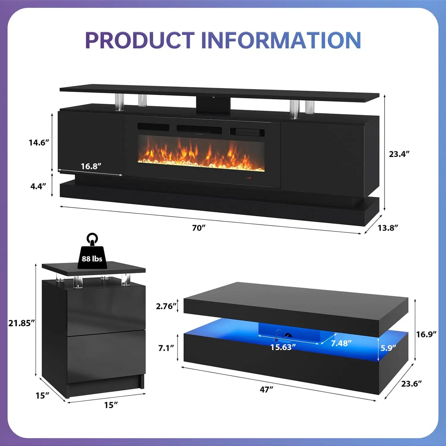 4-Piece Modern Living Room Table Set, Includes High Gloss 70" Fireplace TV Stand, 47" LED Coffee Table and 15" End, Custom