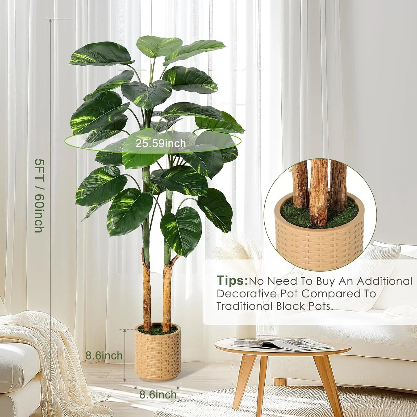 5ft/6ft Artificial Scindapsus Aureus Plant Indoor, Fake Tree, Faux Floor Plants, Artificial Tree for Home Office Living Room