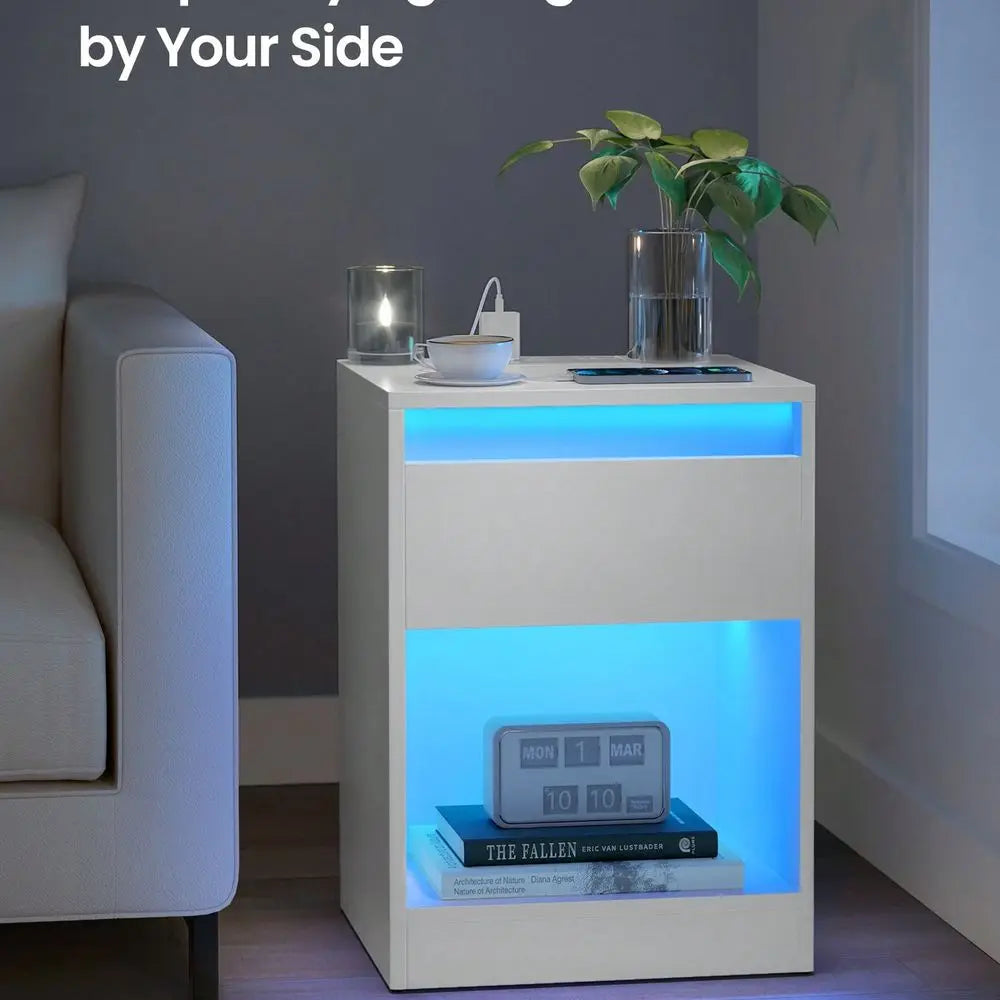 Nightstand With Charging Station, Adjustable Light Colors, 2 AC Outlets, 2 Ports, Bedside Table, Side Table With