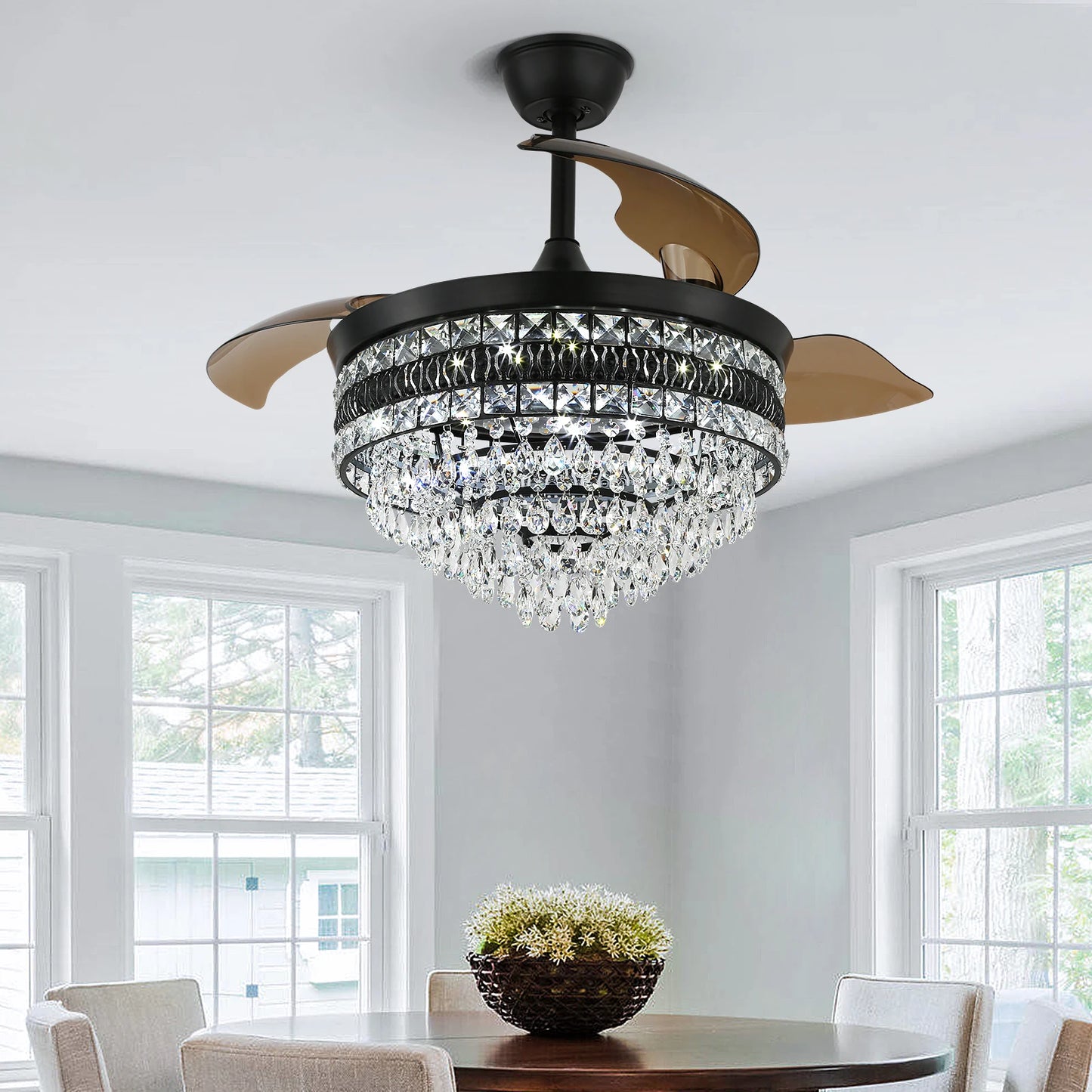 GreeLustr Modern Smart Ceiling Fan Chandelier Gold RC Adjustable 6 Speed Pendant Light Luminaire Bedroom 3 Heads Led Fandelier