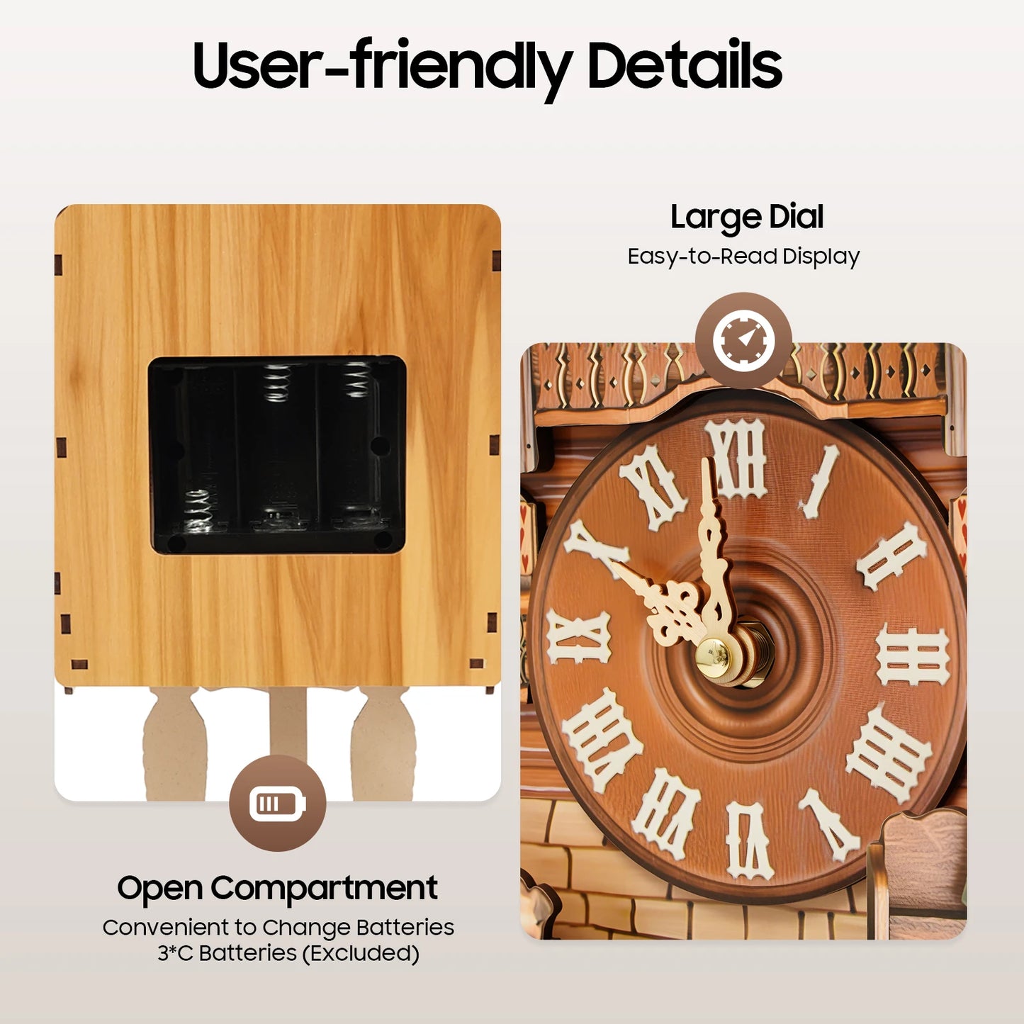 Wall Mount Clock Cuckoo Clock, Wood Cuckoo-Clock, 7:00-21:00 Chime Time 25*10*50cm Pointers+Time Scales Display