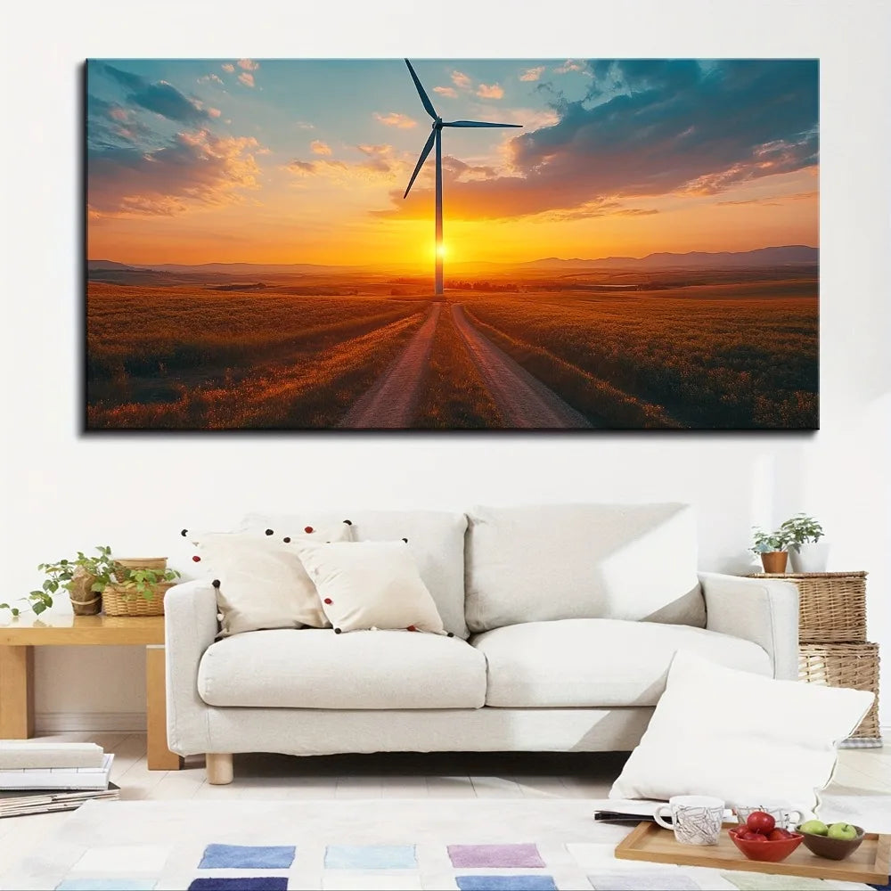 1.5 inch thick pine frame, sunrise wind turbine road, canvas wall art, living room poster, gift, bedroom painting