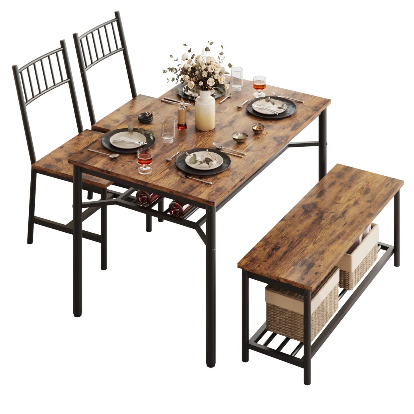 4 Piece Dining Table Set with Chairs and Storage Bench –Kitchen Table with Wine Rack –Metal Frame –Dining Table and Chairs for 4
