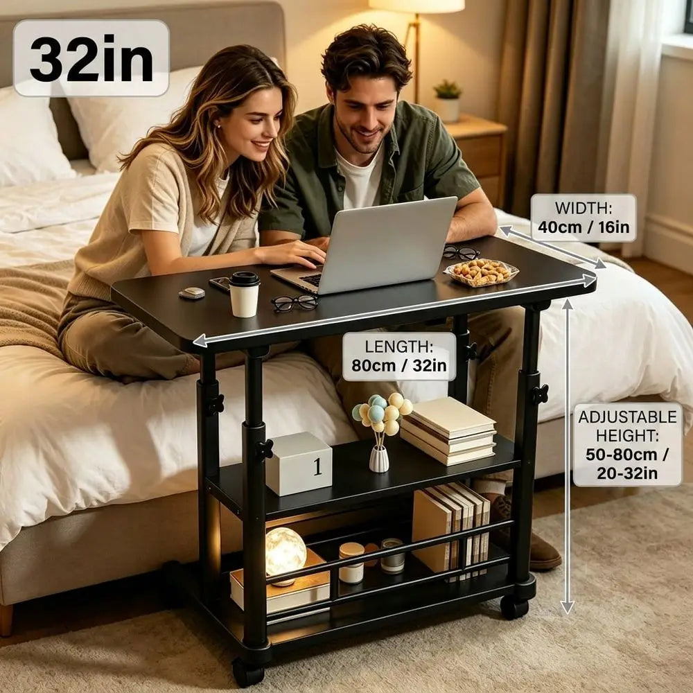 24/32"Multifunctional Adjustable Height Mobile Side Table, Multi-Layer Storage Office Computer Desk With Thickened Metal Frame