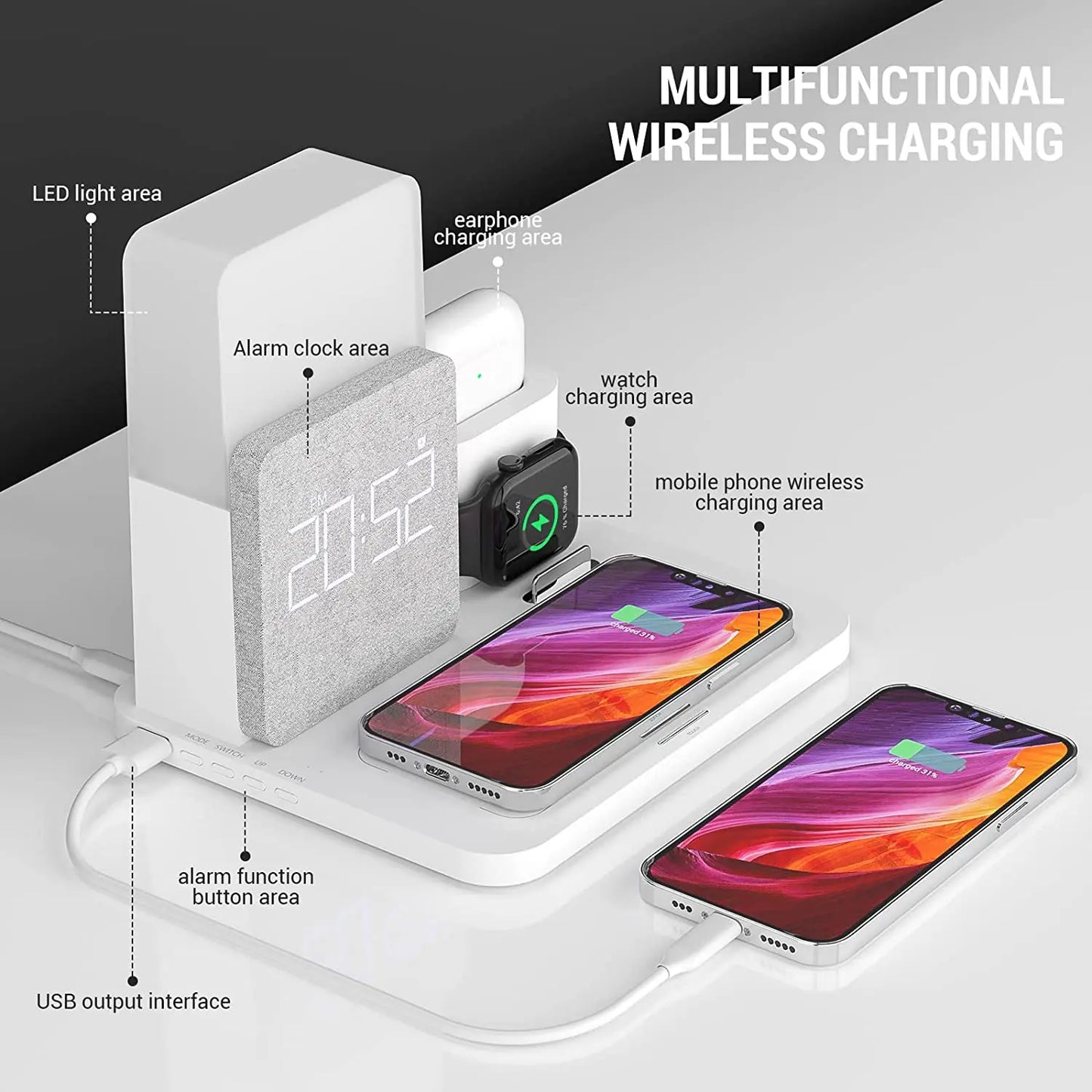 COLSUR 4 In 1 Wireless Charging Dock Alarm Clock For iPhone Apple Watch AirPods
