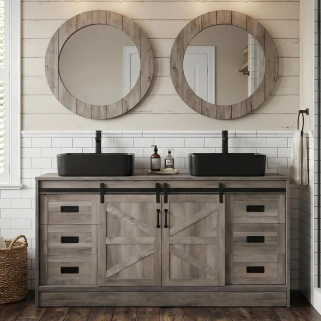 60" Barn Door Bathroom Vanity with 6 Drawers and Two Doors, Farmhouse Style Standing Pedestal Cabinet with Two Blue, Custom
