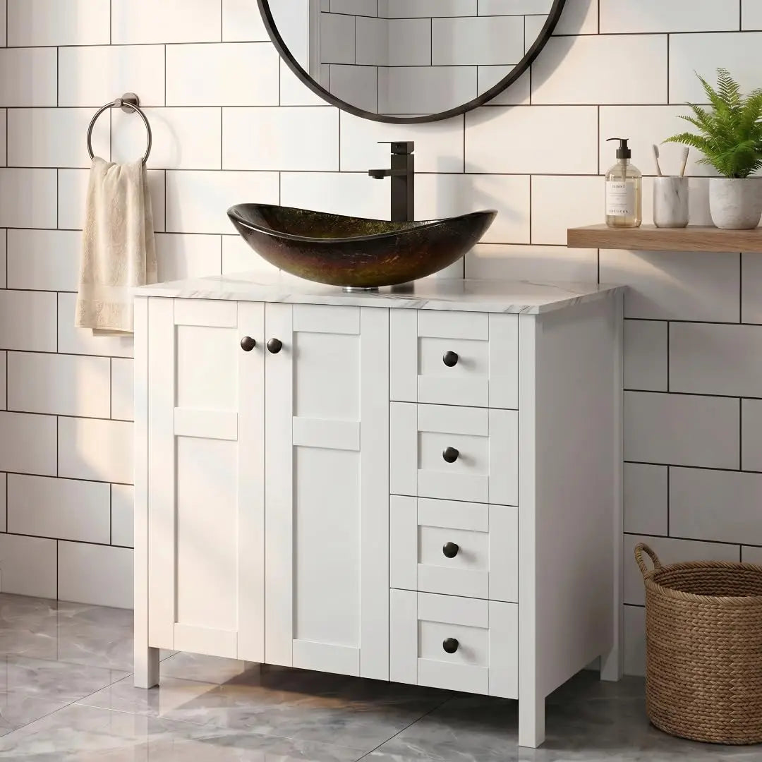 32 Inches White Bathroom Vanity with Marble Texture Top and 4 Drawers, with Marble Boat Ceramic Sink, Custom