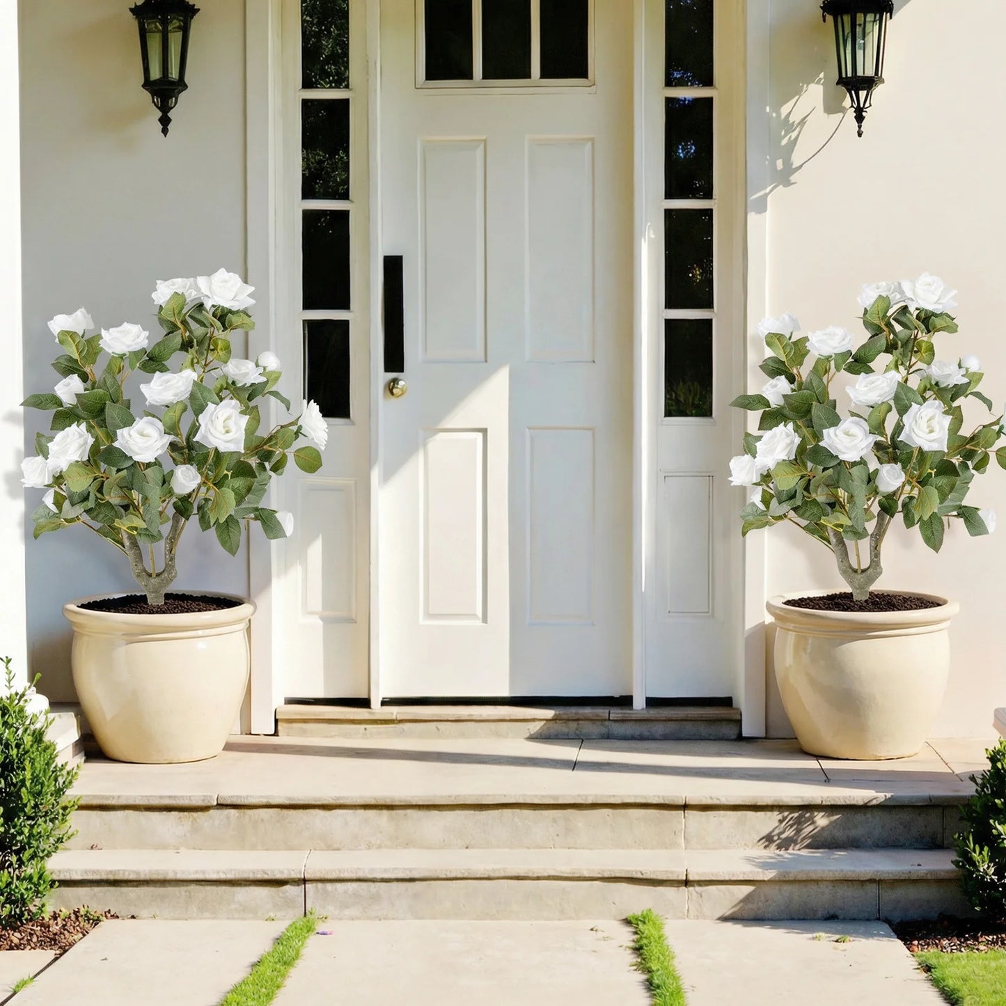 2 Pack Artificial Rose Flower Trees, 31. 5" w/ Spikes, 186 Leaves & 18 White Flowers