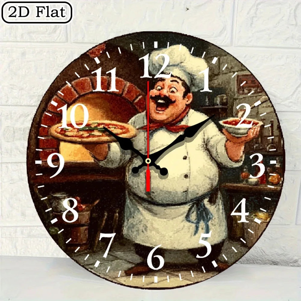 10-Inch Wooden Wall Clock with a Chef Theme, Featuring Easy-To-Read Numbers. It Runs on Batteries (AA Batteries Not Included) An