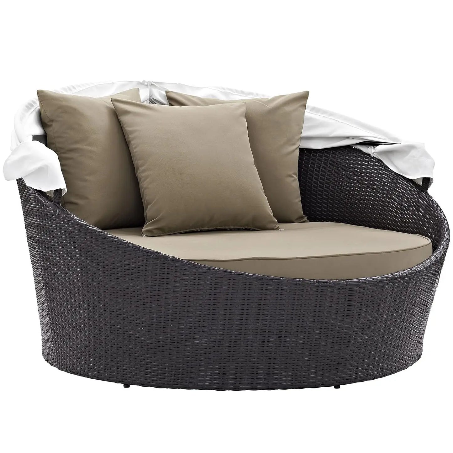 Convene Wicker Rattan Outdoor Patio Retractable Canopy Round Poolside Sofa Daybed in Espresso Mocha, Custom