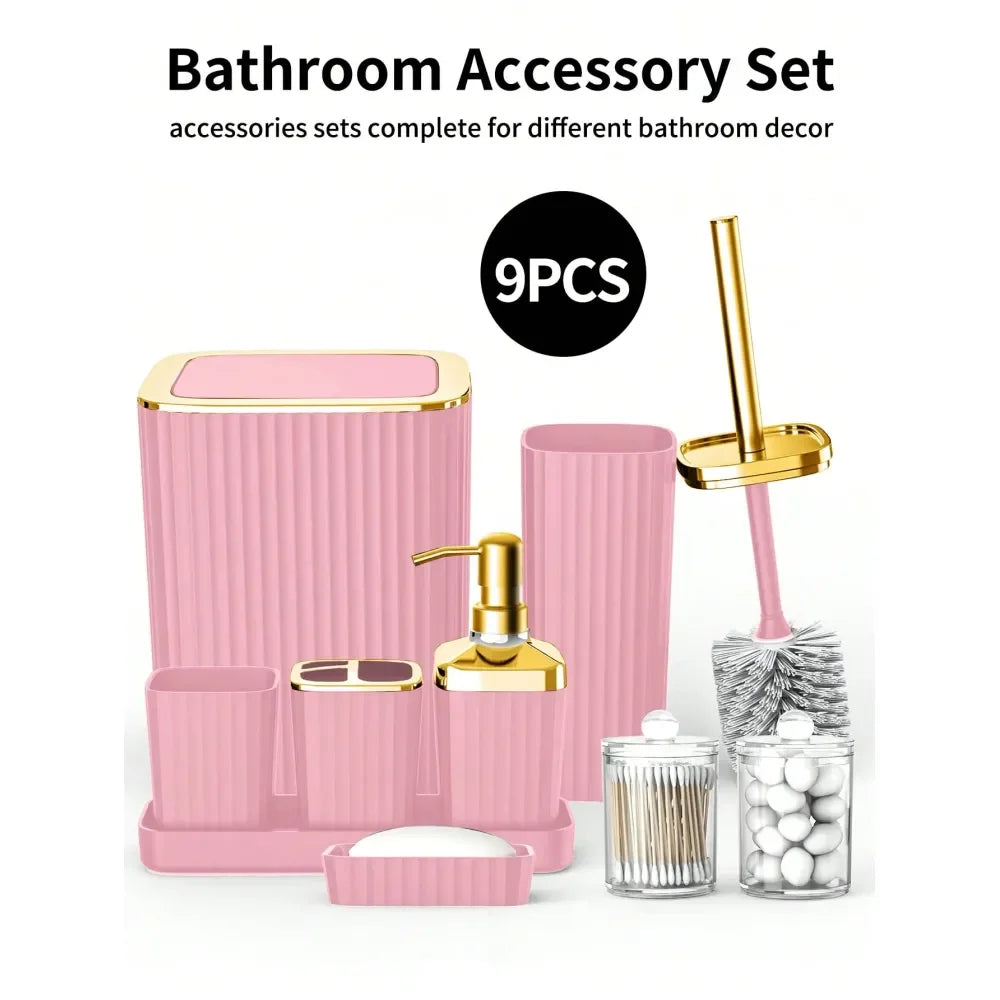 Nine-Piece Bathroom Accessories Set With Toothbrush Holder Trash Can Dispenser