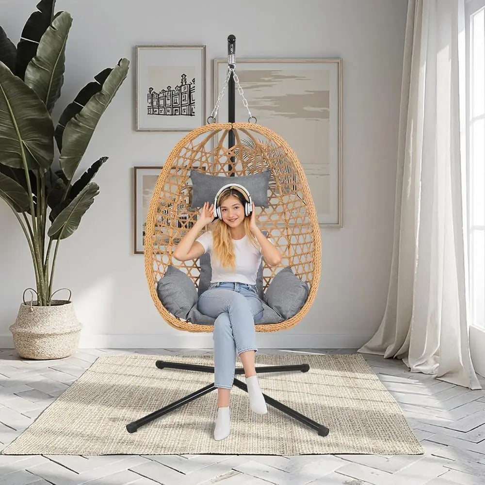 Hanging Egg Chair with Stand,All-Weather Rattan,330LBS ,Grey | Swing Chair with stand & thick cushions,330lb acity,rust-proo e,w