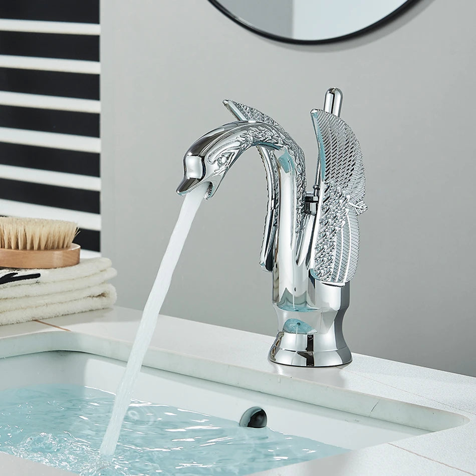 Uythner Luxury Swan Bath Basin Brass Faucet Cold and Hot Water Mixer Taps Black /Gold/Antique Bathroom Washbasin Crane