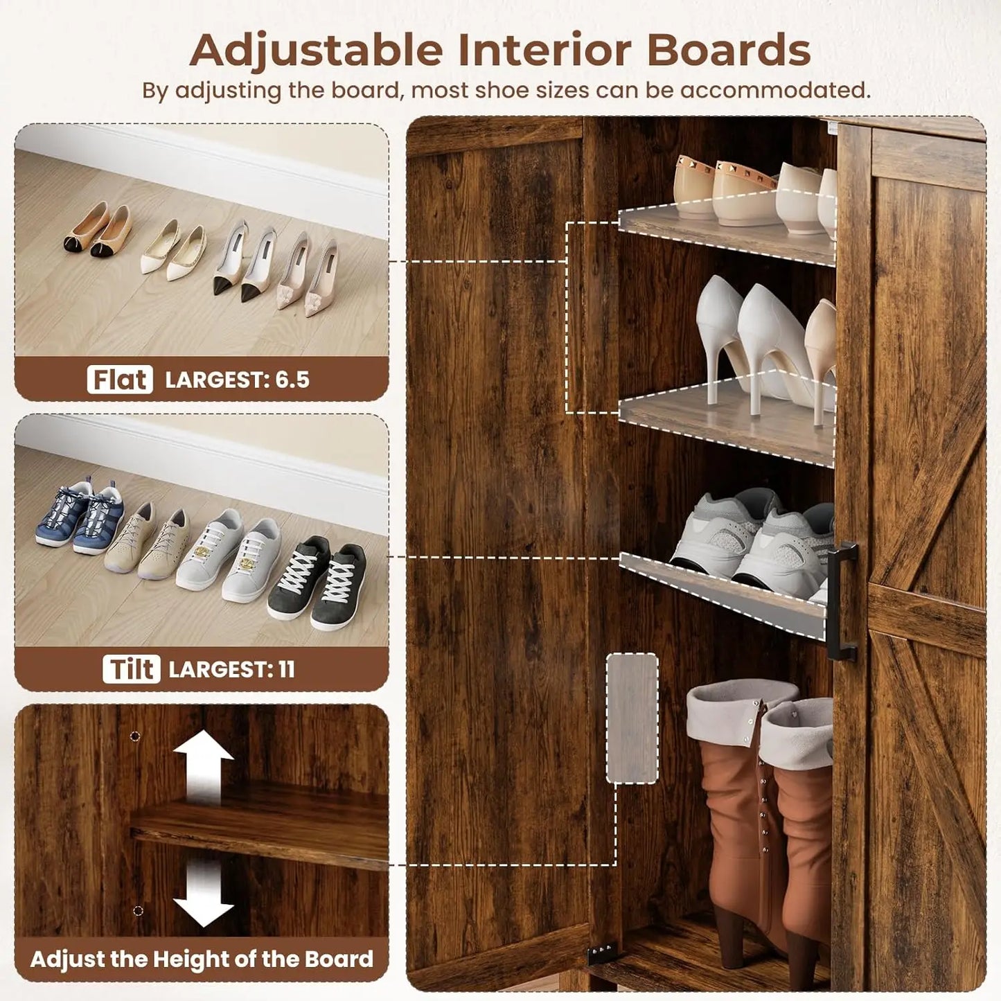 5-Tier Shoe Storage Cabinet, Farmhouse Shoe Rack Organizer Cabinet with 4 Adjustable Shelves & Side Cabinets,, Custom