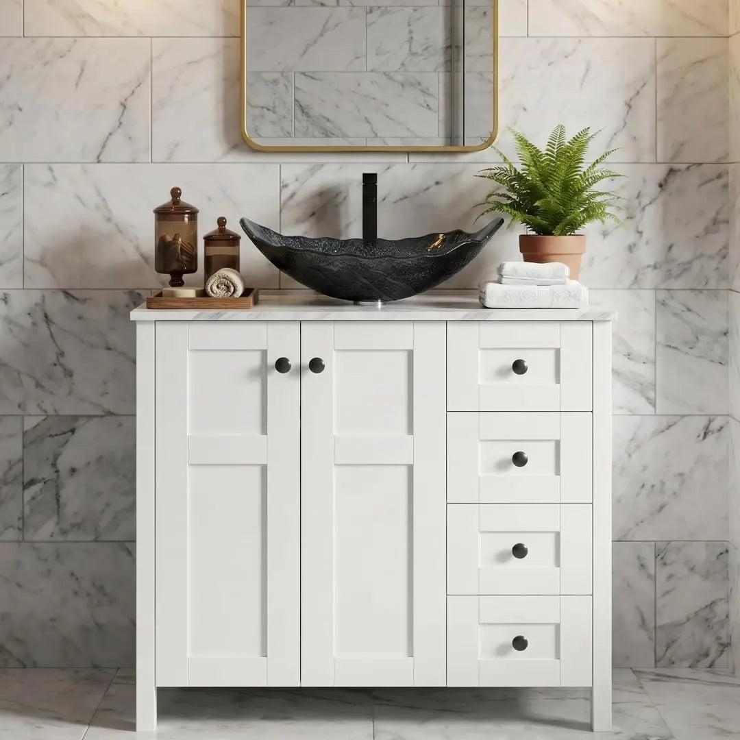 32 Inches White Bathroom Vanity with Marble Texture Top and 4 Drawers, with Marble Boat Ceramic Sink, Custom