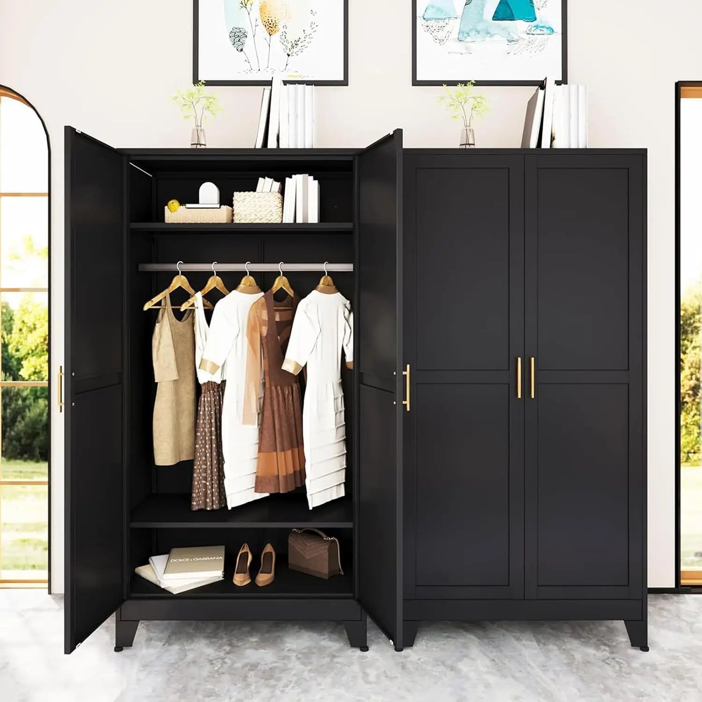 Metal Armoire Wardrobe Closet, 71 "Metal Clothing Storage Cabinet with Adjustable Shelves and Hanging Rod, Household, Custom